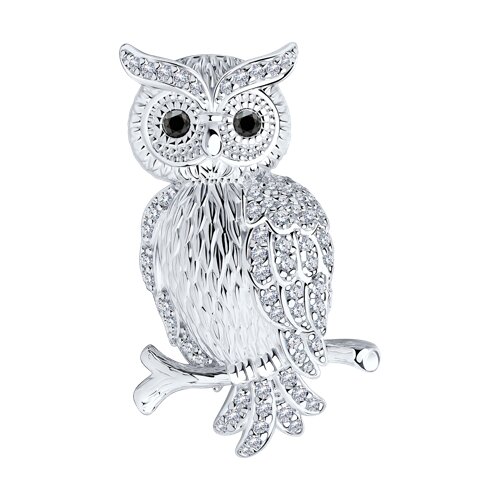 серебряная брошь в виде совы украшенная фианитами