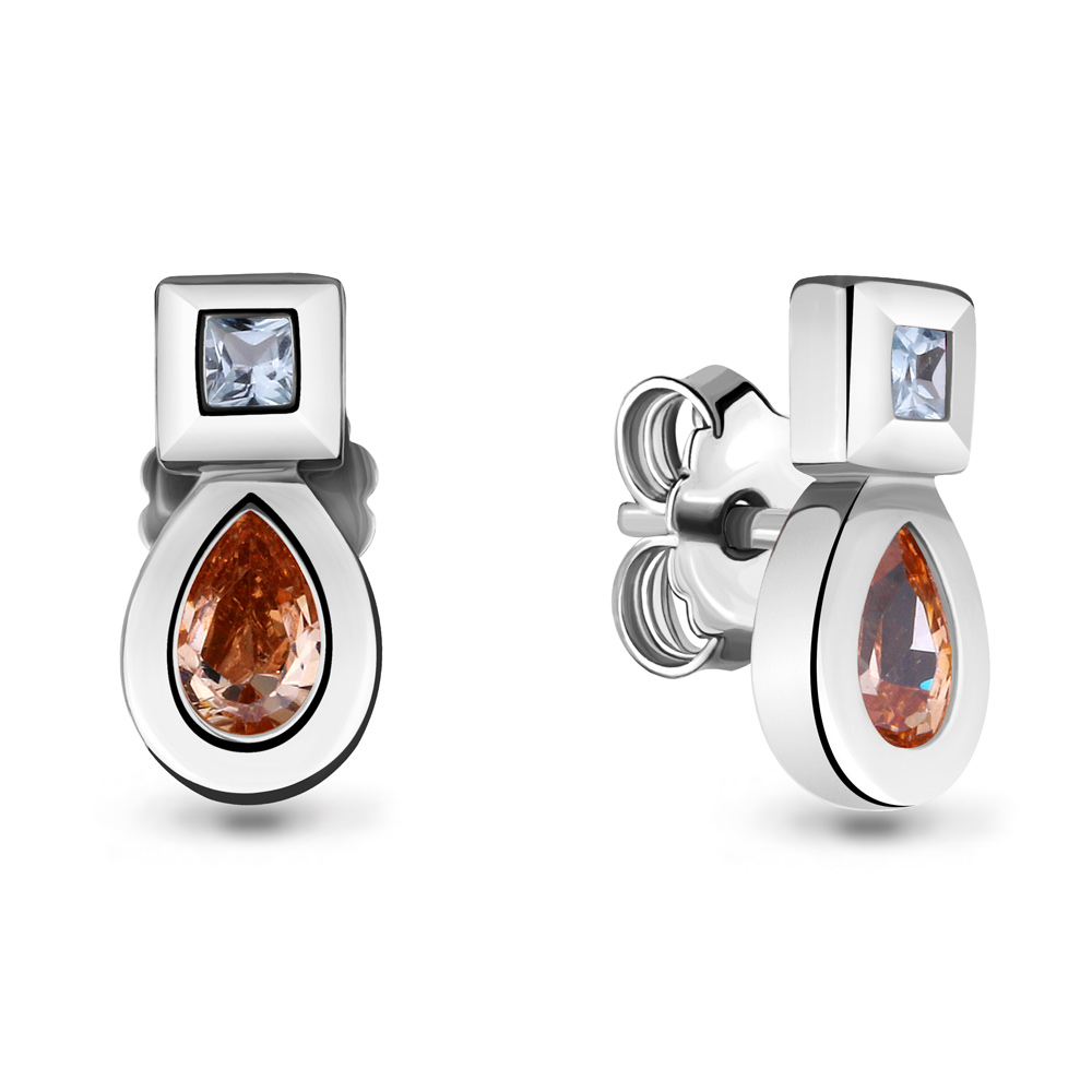 Серьги-пусеты из серебра с фианитами и шпинелью