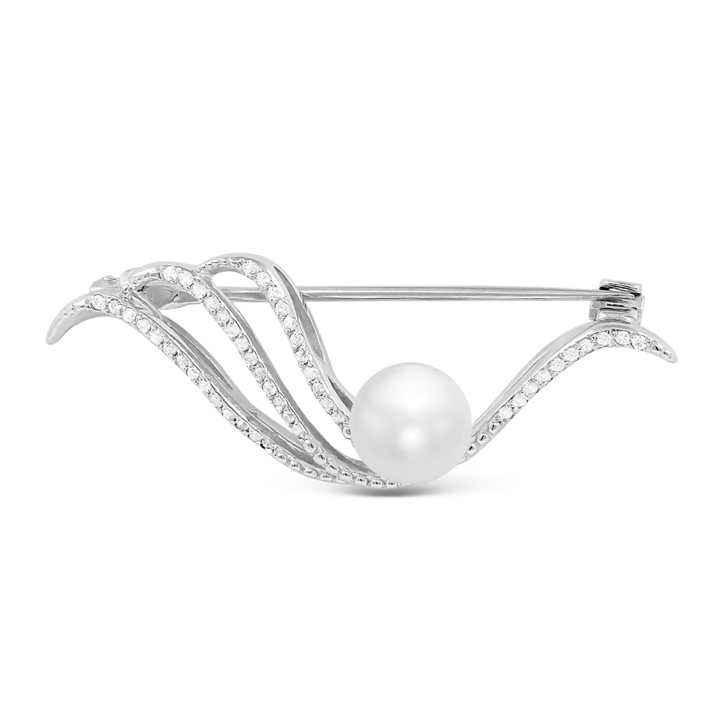 Брошь из серебра с жемчугом и фианитами