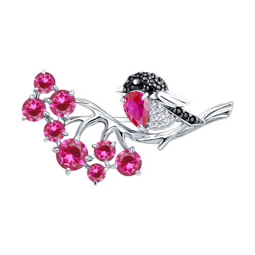 брошь из серебра с красными корунд (синт.) и бесцветными, красным и чёрными фианитами