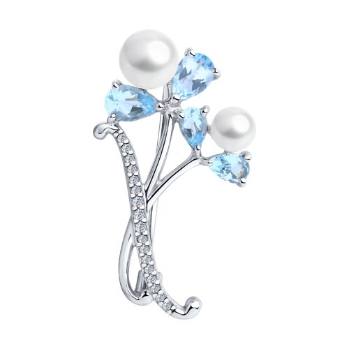 брошь из серебра с топазами, жемчугом и фианитами